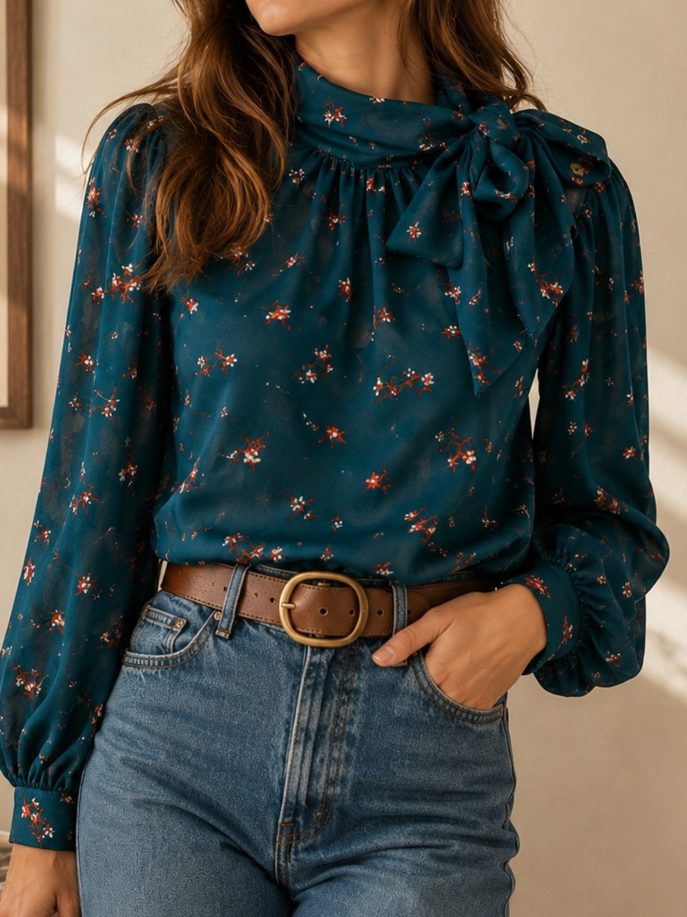 KONTROL Teal Ditsy Floral  Bow Blouse XL EUC